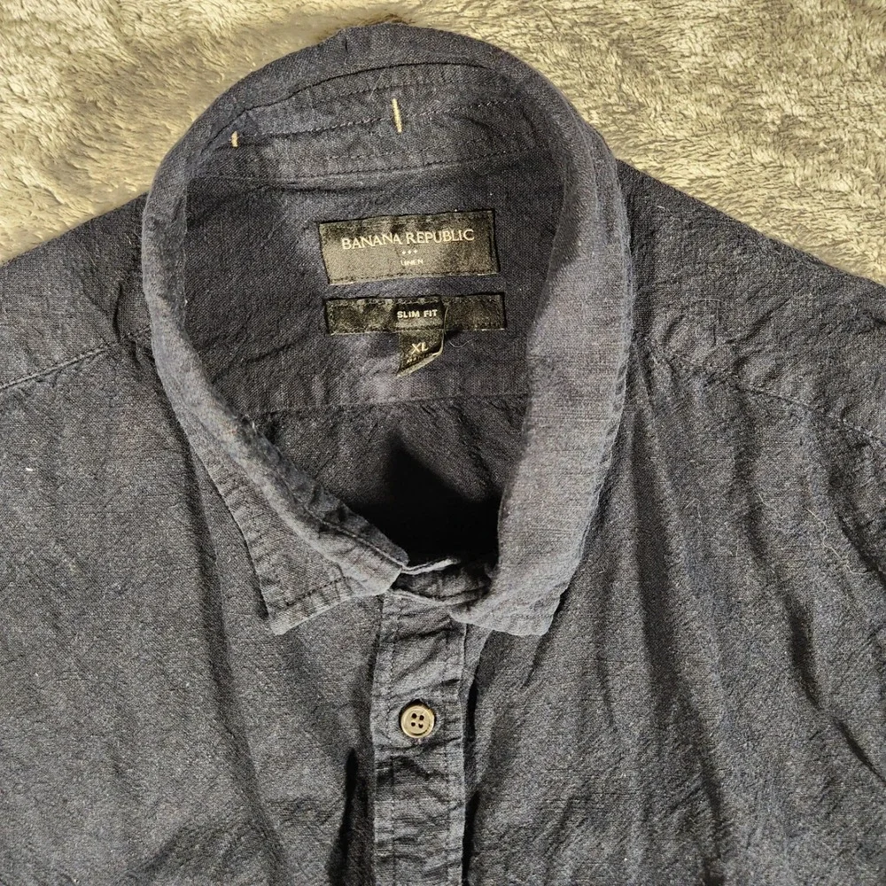 Banana Republic Button Down Shirt Mens XL Navy Blue Excellent Linen Cotton Blend